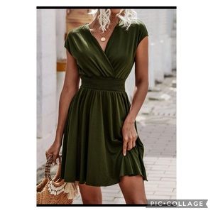 SHEIN ‼️ Army Green Overlap Collar Shirred Waist Dress